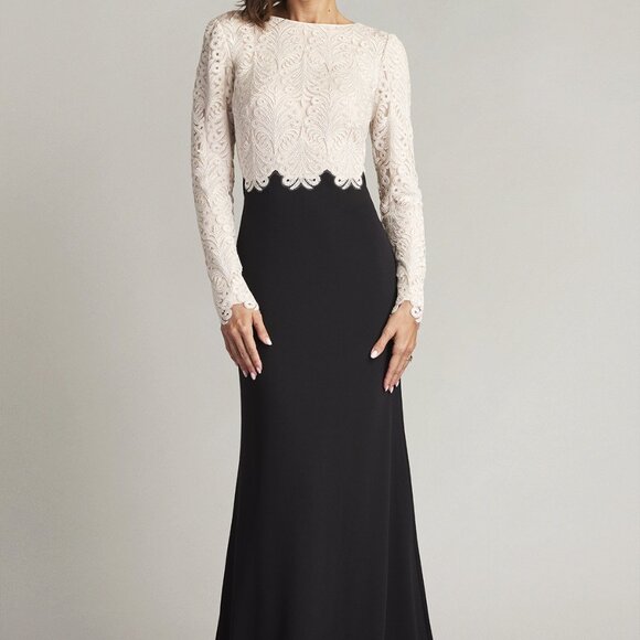 Tadashi Shoji Black Ivory Mixed Media Long Sleeve Sequin Lace Gown - Picture 1 of 5